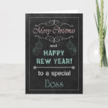 kerstkaart met borden feestdagen kaart<br><div class="desc">Trendy Chalkboard kerstkaart voor je baas. Het bevat een krijtbord,  krijttekst en siervoorwerpen. (Kaart is geen echt karton of krijt,  het ziet er alleen zo uit.) Ontwerp ©2013 Kreative Sentiments Cards van Sherry Harris</div>