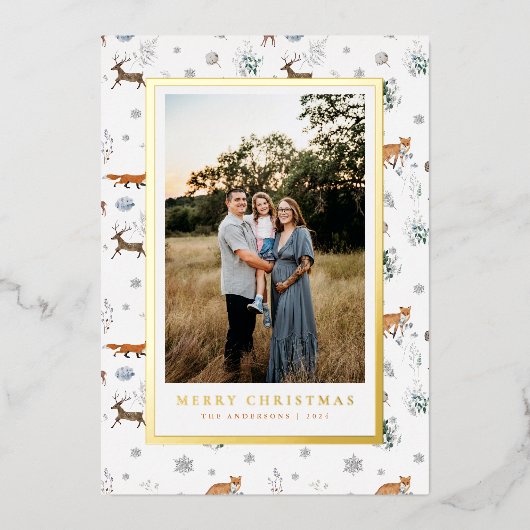 Kerstkaart met bosdieren folie feestdagenkaart (Voorkant)