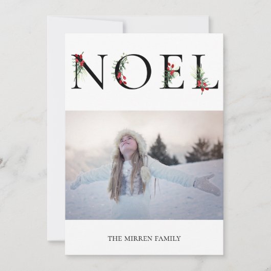 Kerstkaart met botanische decoratie NOEL plat kers (Voorkant)