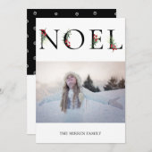 Kerstkaart met botanische decoratie NOEL plat kers (Voorkant / Achterkant)