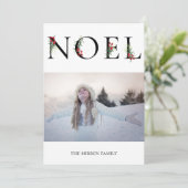 Kerstkaart met botanische decoratie NOEL plat kers (Staand voorkant)