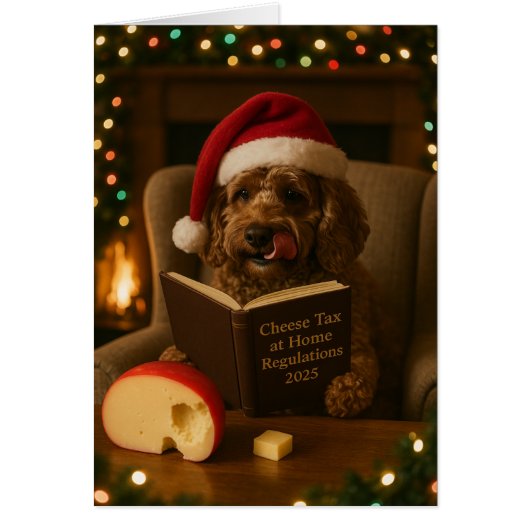 Kerstkaart met bruine Cockerpoo 'Kaasbelasting' (Voorkant)