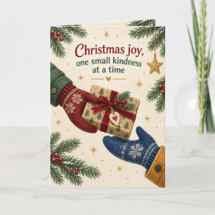Kerstkaart met cadeautje en handschoenen als klein kaart