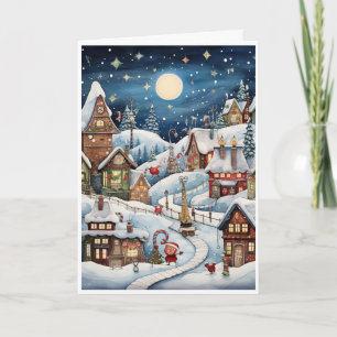 Kerstkaart met Cartoon Kerst Dorp Kunst Feestdagen Kaart