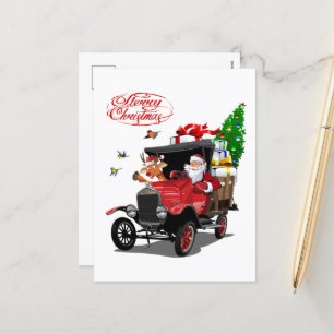 kerstkaart met cartoon Kerstman en hert Feestdagenkaart