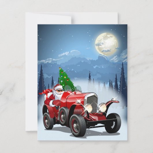 kerstkaart met cartoon retro auto en coole kerstma (Voorkant)