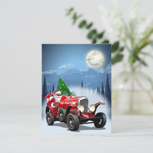 kerstkaart met cartoon retro auto en coole kerstma (Staand voorkant)