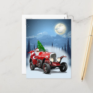 kerstkaart met cartoon retro auto en coole kerstma feestdagenkaart