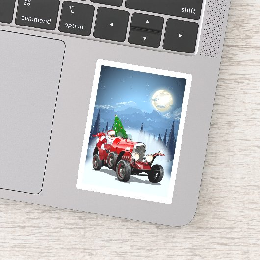 kerstkaart met cartoon retro auto en coole kerstma sticker (Detail)