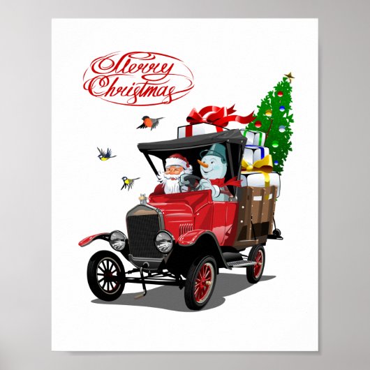 kerstkaart met cartoon Santa's truck Poster (Voorkant)