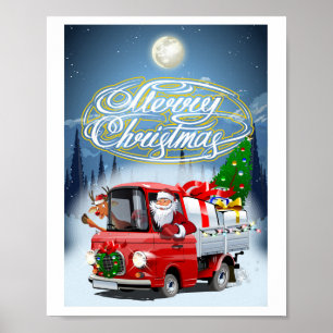 Kerstkaart met cartoon Santa's vrachtwagen Poster