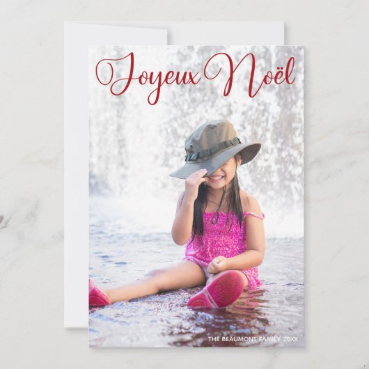 Kerstkaart met Chic Rode Script Franse familiefoto (Voorkant)