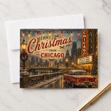 Kerstkaart met Chicago skyline tijdens de feestdag