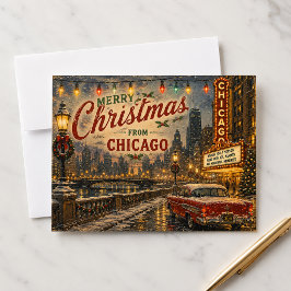 Kerstkaart met Chicago skyline tijdens de feestdag