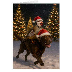 Kerstkaart met Chocolade Labrador en Patrijs