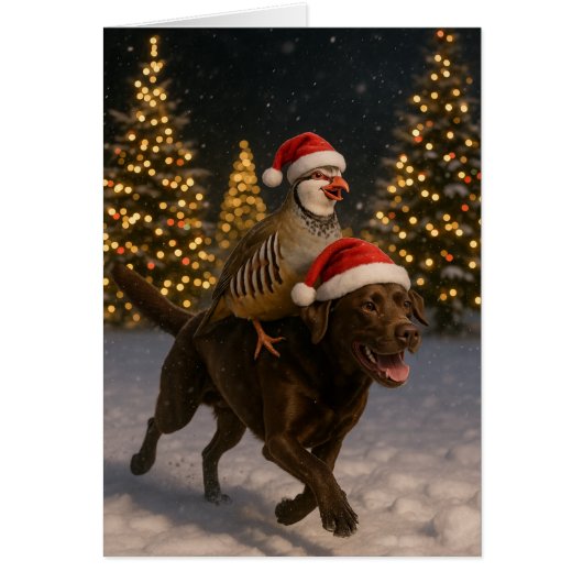 Kerstkaart met chocolade labrador en patrijs (Voorkant)