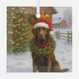 Kerstkaart met Chocolate Labrador Glas Ornament