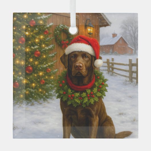 Kerstkaart met Chocolate Labrador Glas Ornament (Voorkant)