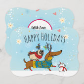 Kerstkaart met Dachshund, Pug en Vogel in appartem (Voorkant / Achterkant)