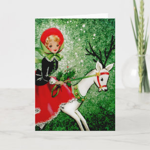 Kerstkaart met dame die op een hert rijdt feestdagen kaart