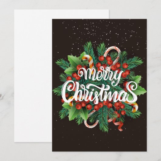 Kerstkaart met decoratie op zwarte achtergrond (Voorkant / Achterkant)