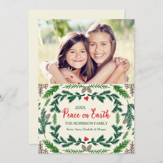 Kerstkaart met dennentakken en vredesboodschap (Voorkant / Achterkant)