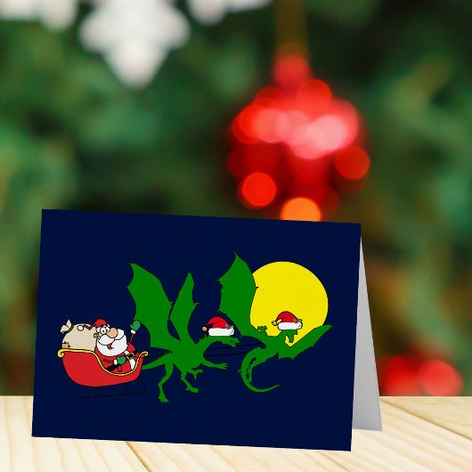 Kerstkaart met draak rendieren en Kerstman