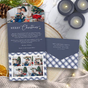 Kerstkaart met drie vouwen, blauw all in one uitnodiging