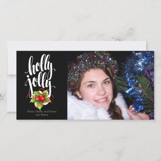 Kerstkaart met één foto 'Holly Jolly' (Voorkant)
