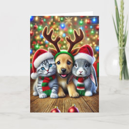 Kerstkaart met een hond, een kat en een konijn feestdagen kaart