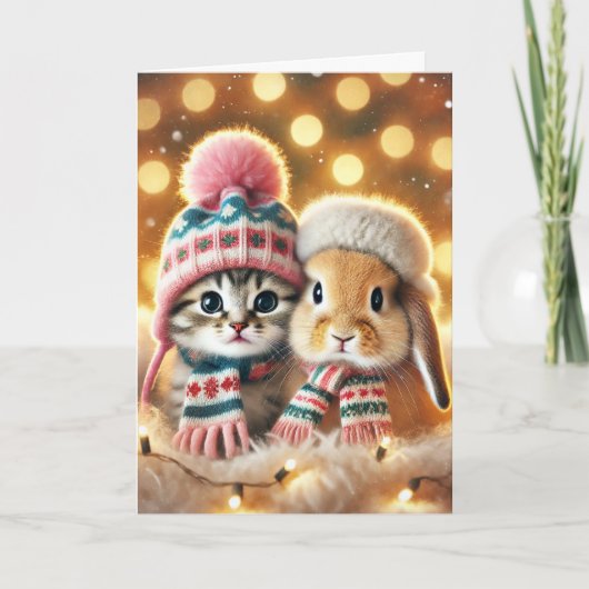 Kerstkaart met een kat en een konijn feestdagen kaart (Voorkant)