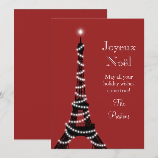 Kerstkaart met Eiffeltorenkaart rood (Voorkant / Achterkant)