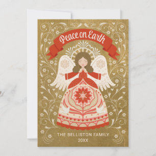 Kerstkaart met engel in folk art stijl voor vrede