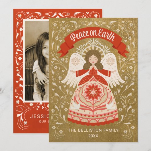 Kerstkaart met engel in volksstijl 'Vrede op aarde (Voorkant / Achterkant)
