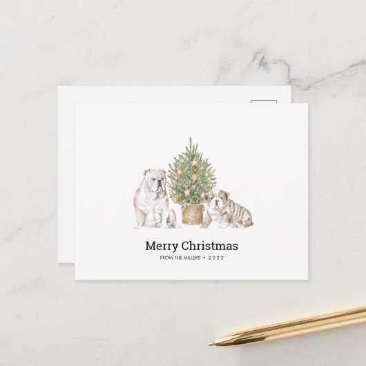 KerstKaart met Engelse Bulldog Familie Briefkaart (Voorkant / Achterkant in situ)