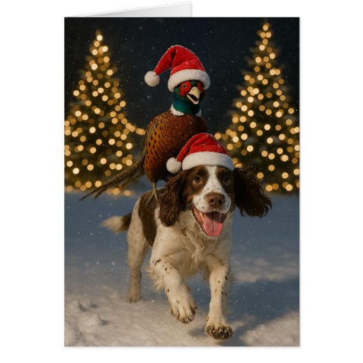 Kerstkaart met fazant rijdend op Springer Spaniel (Voorkant)