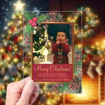 Kerstkaart met feestelijke hulst en dennen