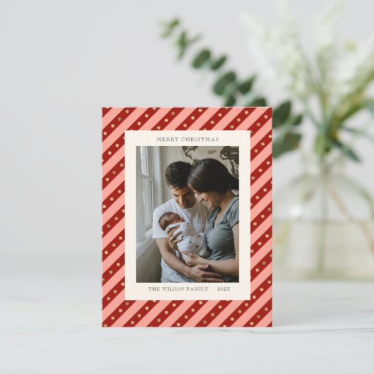 Kerstkaart met feestelijke rode gestreepte sterfot (Staand voorkant)