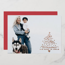 Kerstkaart met folie boom en tekst Love Was Born Feestdagenkaart