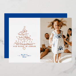 Kerstkaart met folie boom en tekst Love Was Born Feestdagenkaart