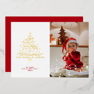 Kerstkaart met folie boom en tekst Love Was Born Feestdagenkaart