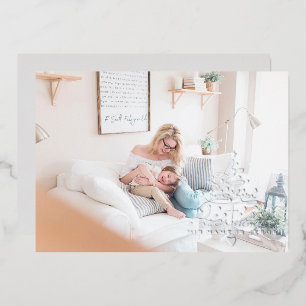 Kerstkaart met folie boom en tekst Love Was Born Feestdagenkaart