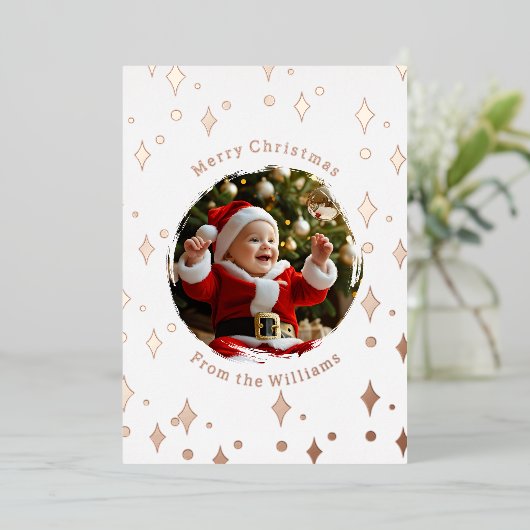 Kerstkaart met folie en twee foto's baby folie feestdagenkaart (Staand Voorkant)
