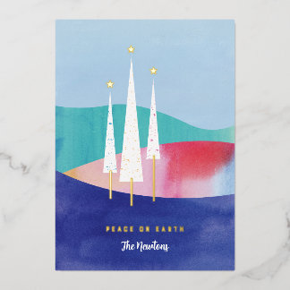 Kerstkaart met folie en waterverf motief van drie folie feestdagenkaart