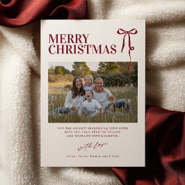 Kerstkaart met foto en bordeauxrode strik kaart