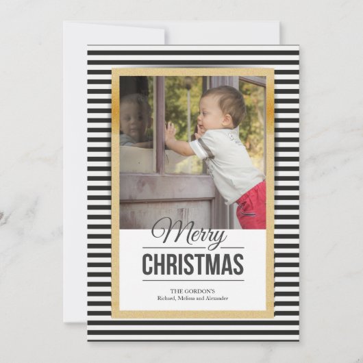 Kerstkaart met foto en brede strepen (Voorkant)