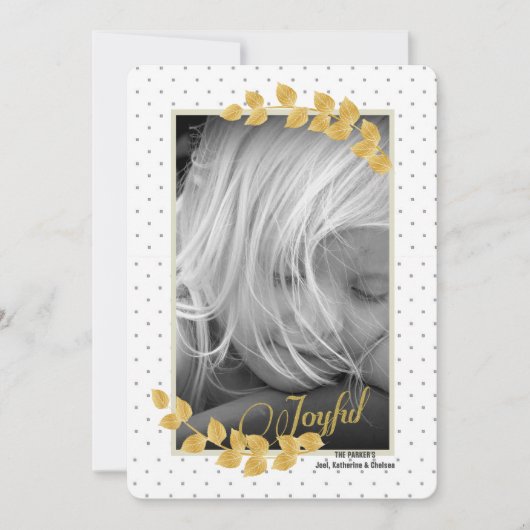 Kerstkaart met foto en gouden bladrand (Voorkant)