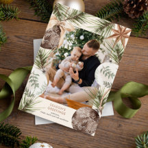 Kerstkaart met foto en ornamenten rand