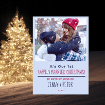 Kerstkaart met foto 'Net getrouwd, eerste kerst'