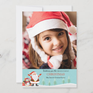 Kerstkaart met foto van Kerstman en pinguïn